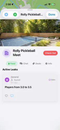 Leak It hub screen for Rolly Pickleball Meet showing the feed, chat, deals and info tabs with active leaks