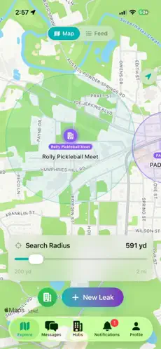 Leak It map screen showing the live map with a search radius slider and a nearby hub pin