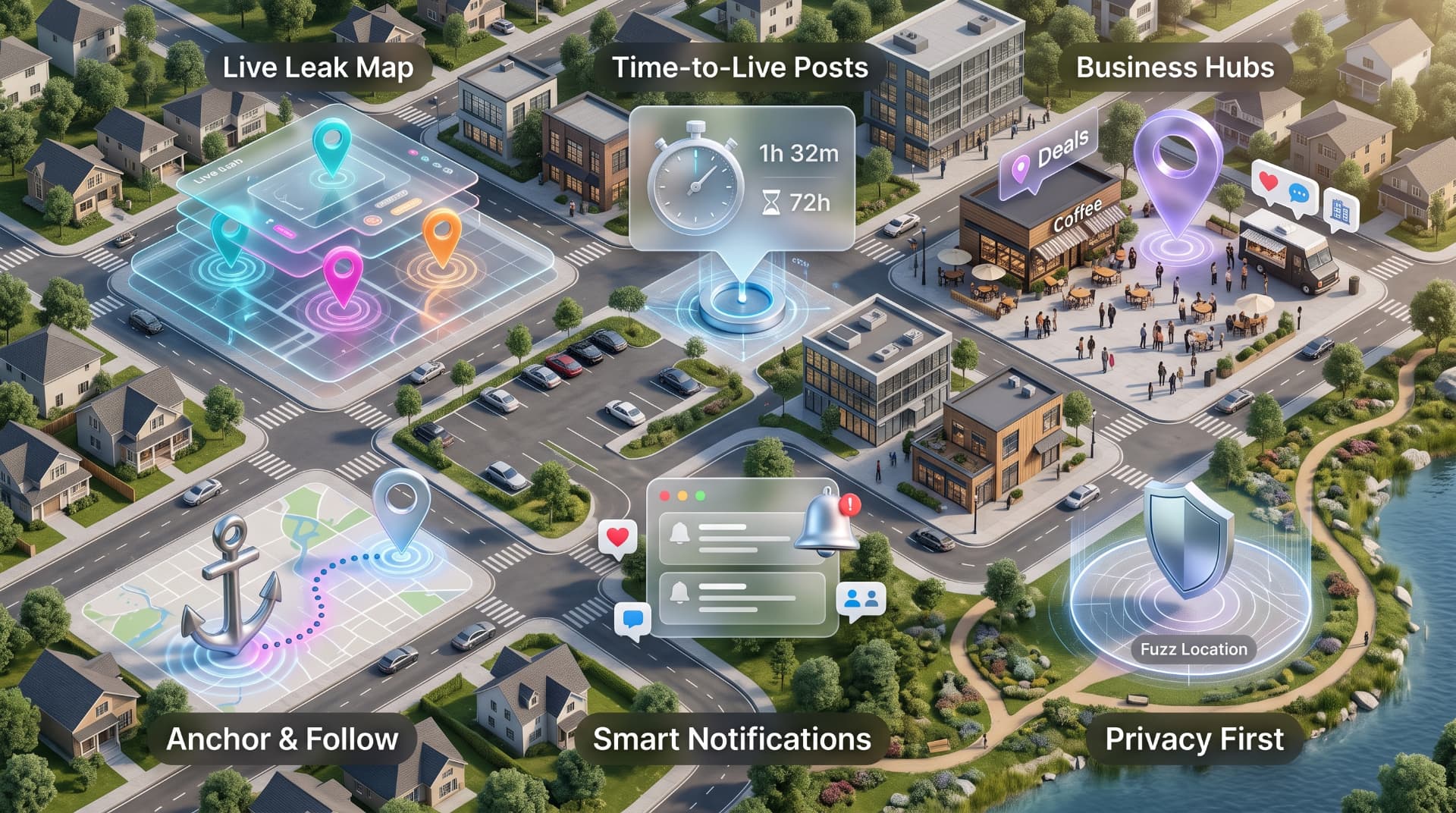 Isometric illustration of Leak It's features over a miniature neighborhood: live map layers with leak pins, countdown timers, notifications, an anchor route, a fuzz-location shield and a deals marker