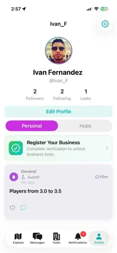 Leak It profile screen showing followers, following, leak count and recent posts