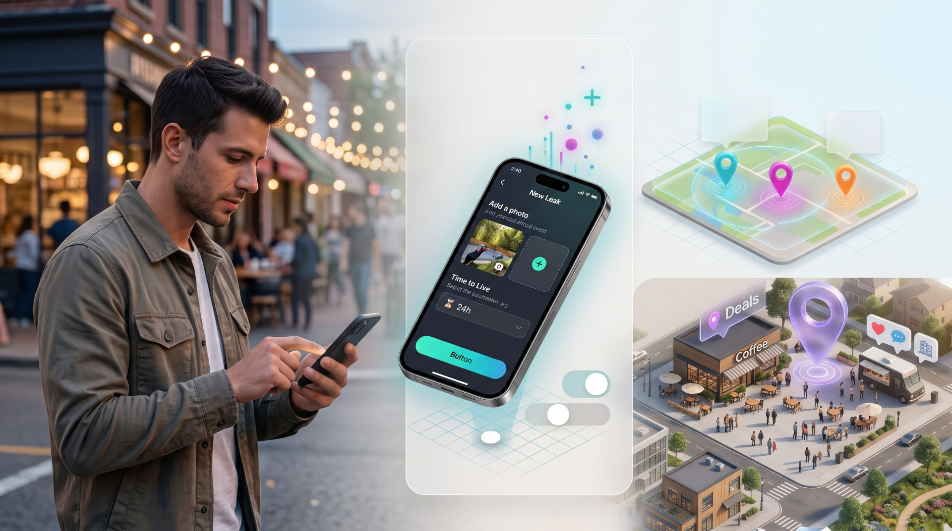 Illustration of a man using Leak It on a city street beside a floating phone showing the New Leak screen, with isometric map tiles, leak pins, a cafe, a food truck and a Deals tag