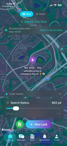 Leak It map screen at night showing a leak pin with its title and the search radius control
